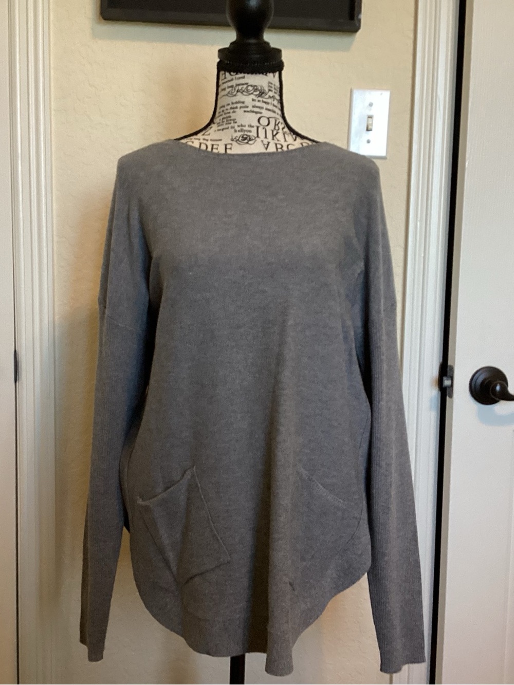 CAbi Gray Crewneck Sweater with Front Patch Pockets